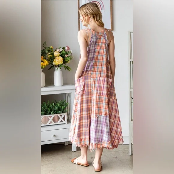 Oli & Hali Mixed Plaid Wide Leg Jumpsuit Large Raw Edge Cotton Boho - Picture 2 of 9